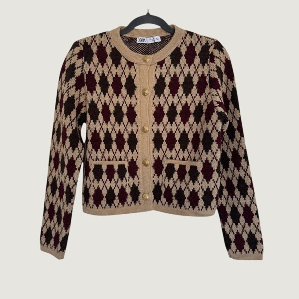 Zara Small Wool Blend Argyle Diamond Pattern Knit Cardigan Gold Button Detail